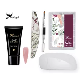 Polygel set with NUDE COVER gel, accessories and UV lamp
