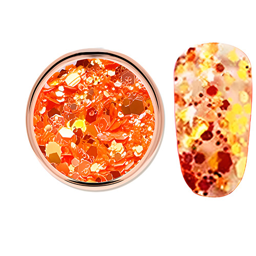 Decorative glitter in vibrant orange color, hexagonal, mixed sizes