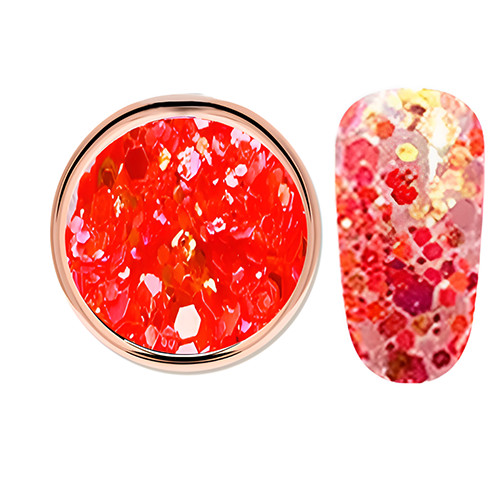 Decorative glitter in vibrant red color, hexagonal, mixed sizes