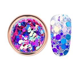   Decorative glitter in vibrant blue color, hexagonal, mixed sizes