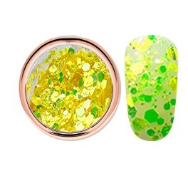   Decorative glitter in vibrant yellow color, hexagonal, mixed sizes