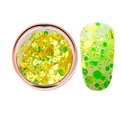 Decorative glitter in vibrant yellow color, hexagonal, mixed sizes