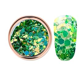   Decorative glitter in vibrant green color, hexagonal, mixed sizes