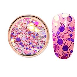   Decorative glitter in vibrant purple color, hexagonal, mixed sizes