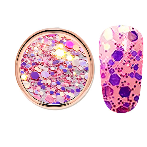 Decorative glitter in vibrant purple color, hexagonal, mixed sizes