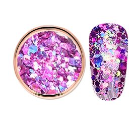   Decorative glitter in vibrant purple color, hexagonal, mixed sizes