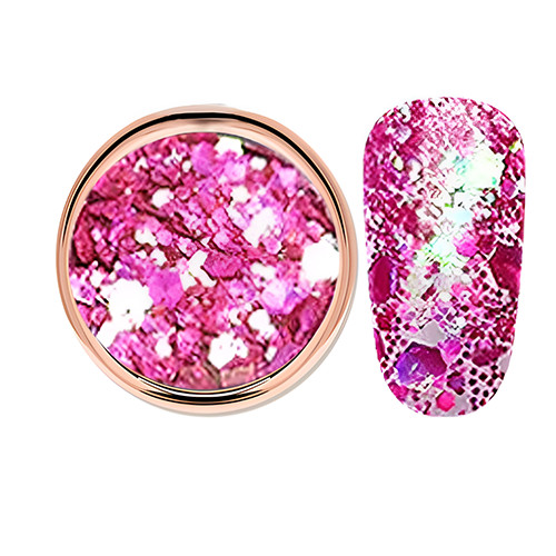 Decorative glitter in vibrant pink color, hexagonal, mixed sizes