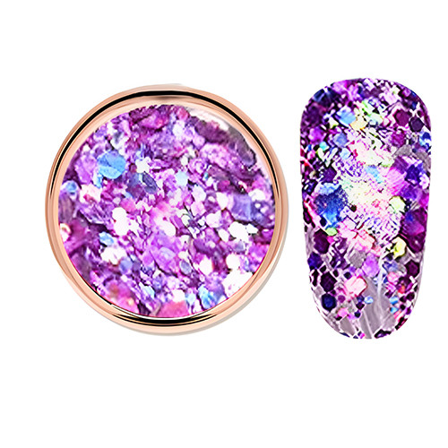 Decorative glitter in vibrant purple color, hexagonal, mixed sizes