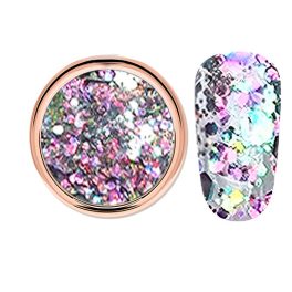   Decorative glitter in vibrant color-shifting shade, hexagonal, mixed sizes